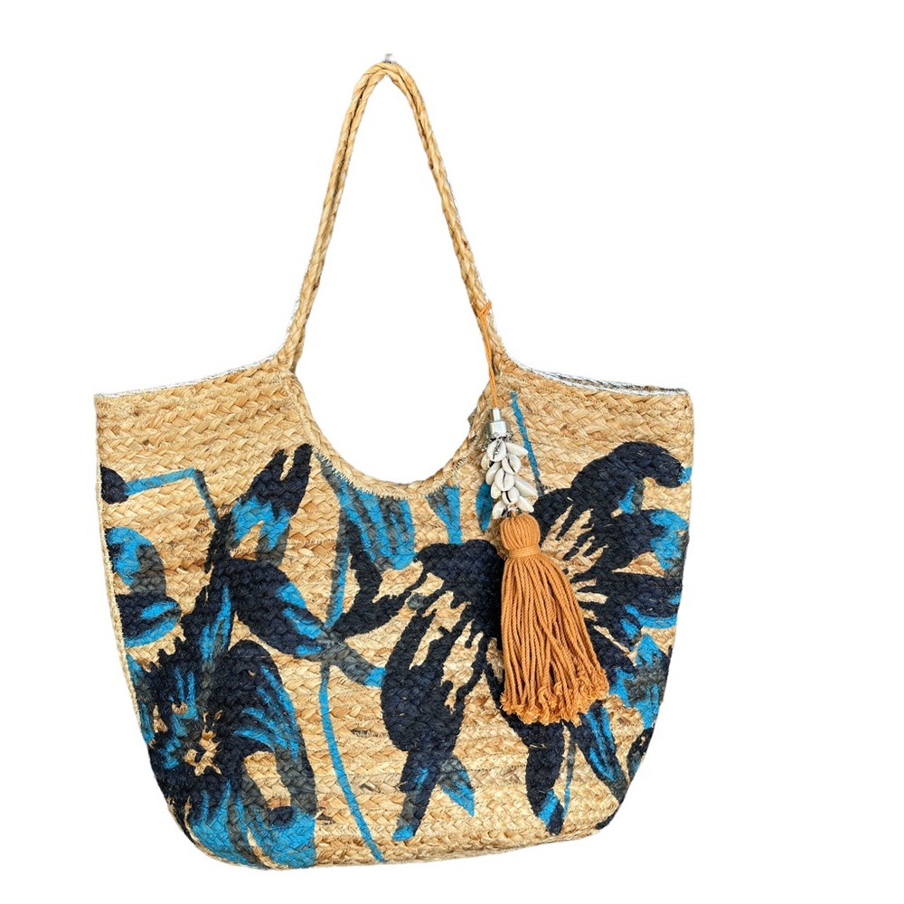 Woven Straw Tote Bag with Blue Floral Print and Tassel